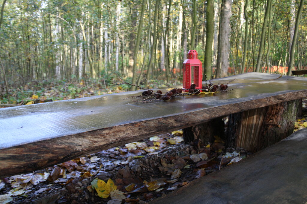 Bettentisch im Wald mit Kamin, Ästen und Kiefern.