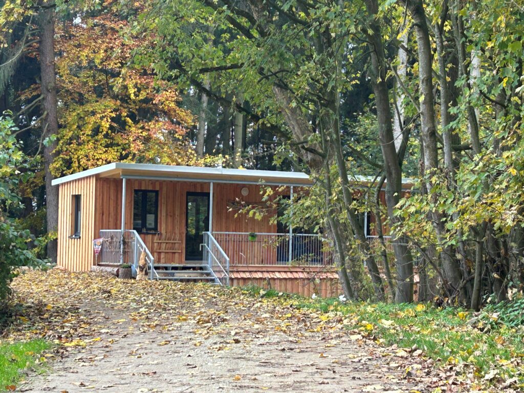 Holzbohnenhütte im Wald mit Herbstlaub.