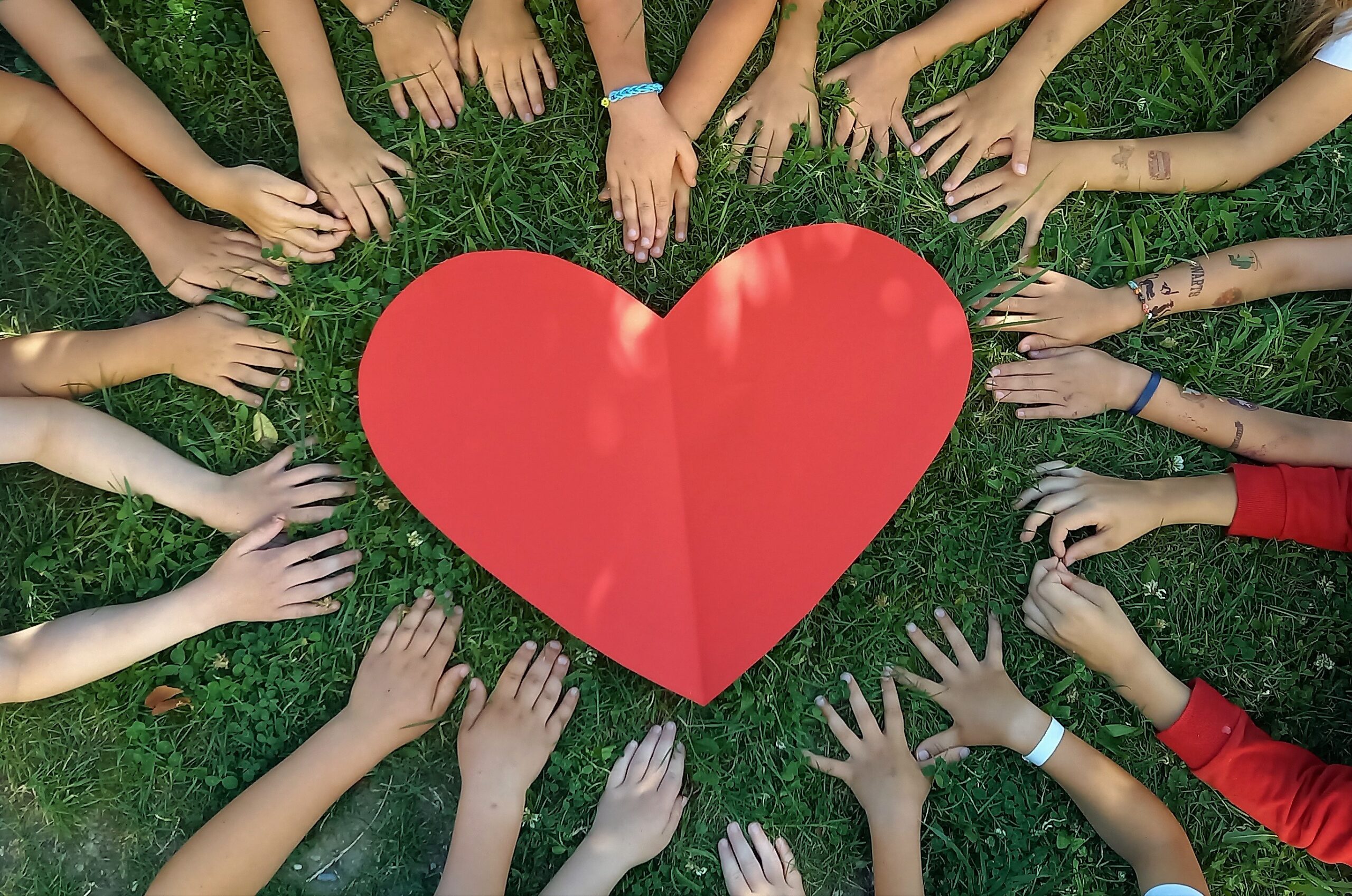 Gruppe von Händen um einen großen roten Herzsymbol auf Gras.