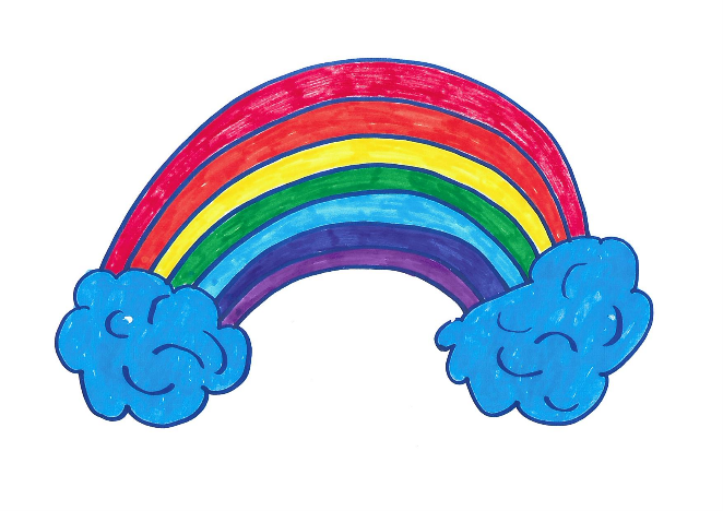 Bunte Regenbogenbrücke mit zwei blauen Wolken.