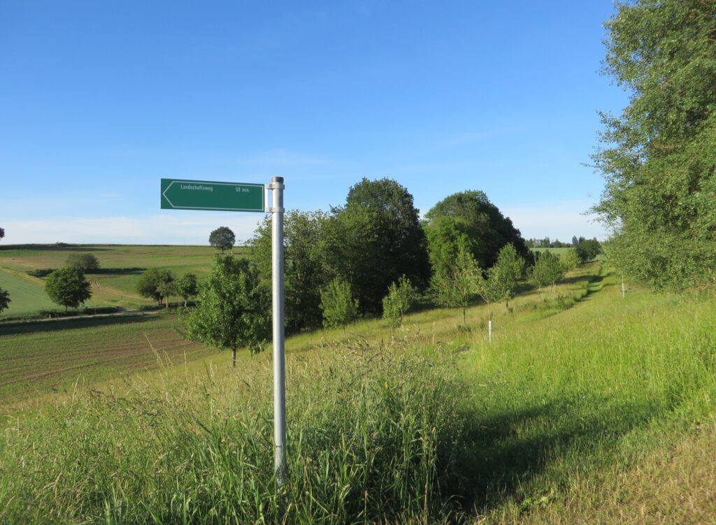 Landschaftsweg 50 min. auf grüner Wiese, blauer Himmel.