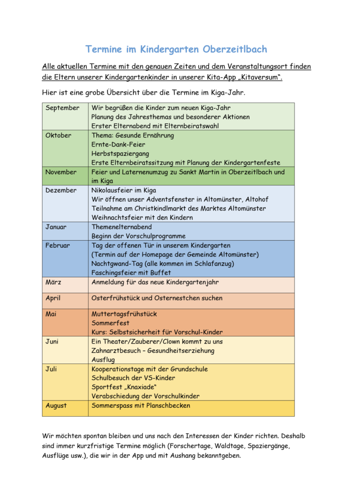 Termine im Kindergarten Oberzeitlbach. Termine für den Kiga-Jahr. Erstes Elternabend, Adventsfeier, Christkindlmarkt, Weihnachtsfeier, Faschingsfeier und weitere.