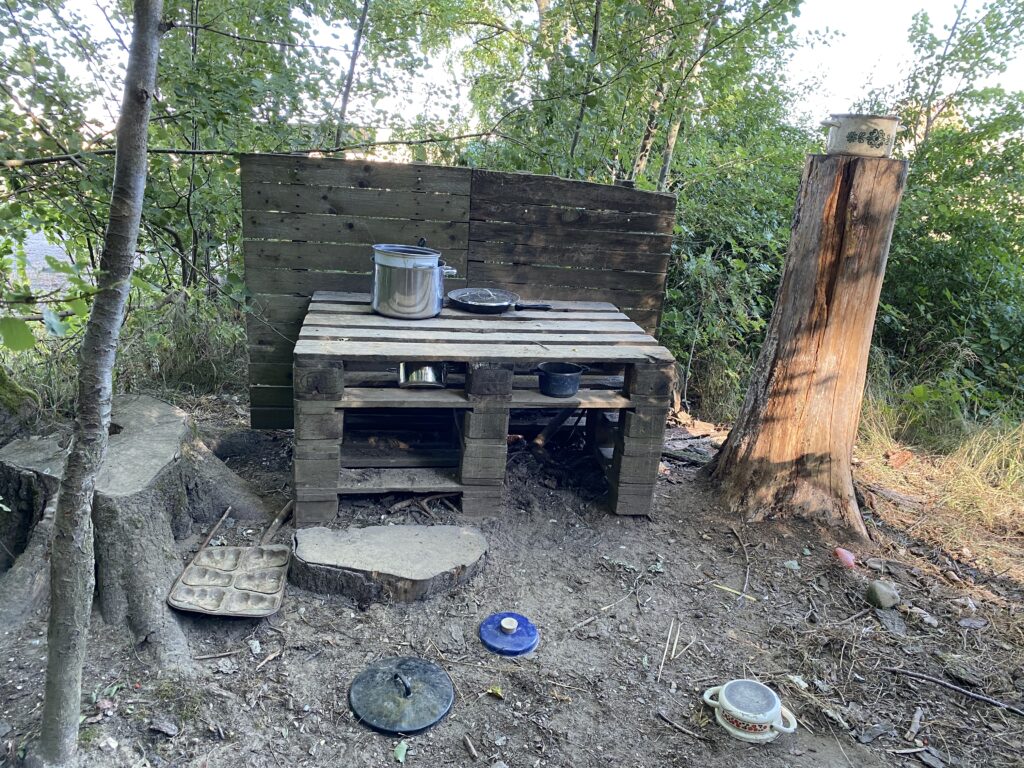 Gemeinschaftsgrillplatz im Wald mit Kühlschrank und Kochutensilien auf einem Pallet.