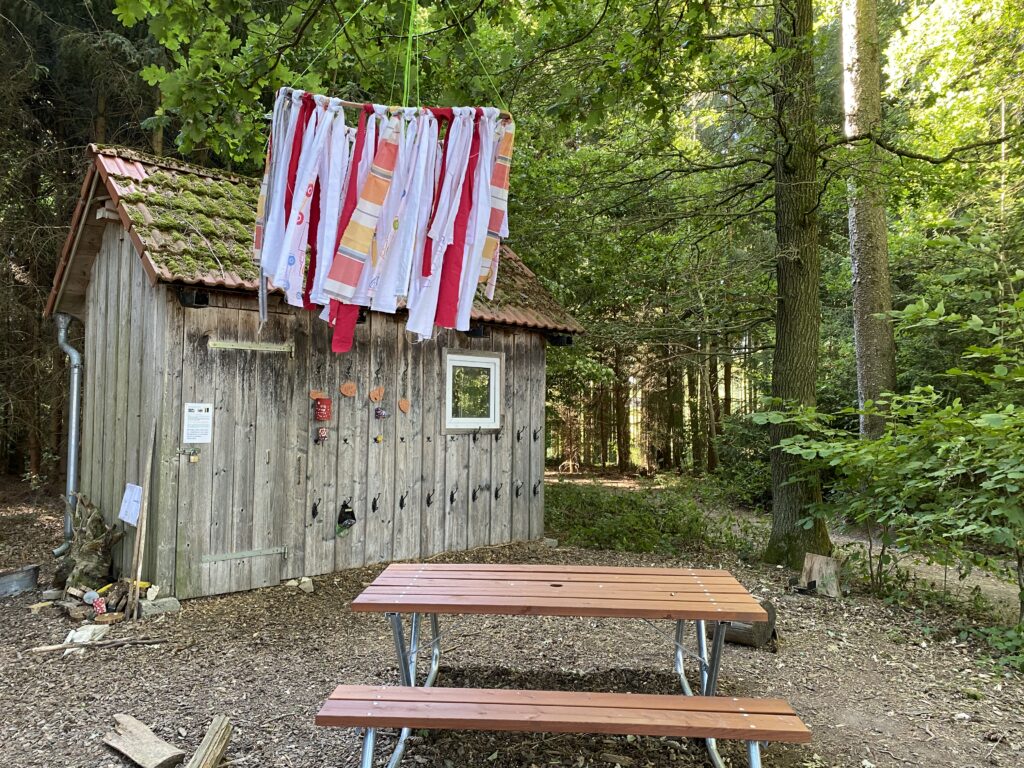 Bauernhof mit Holzstall und Picknicktisch im Wald.